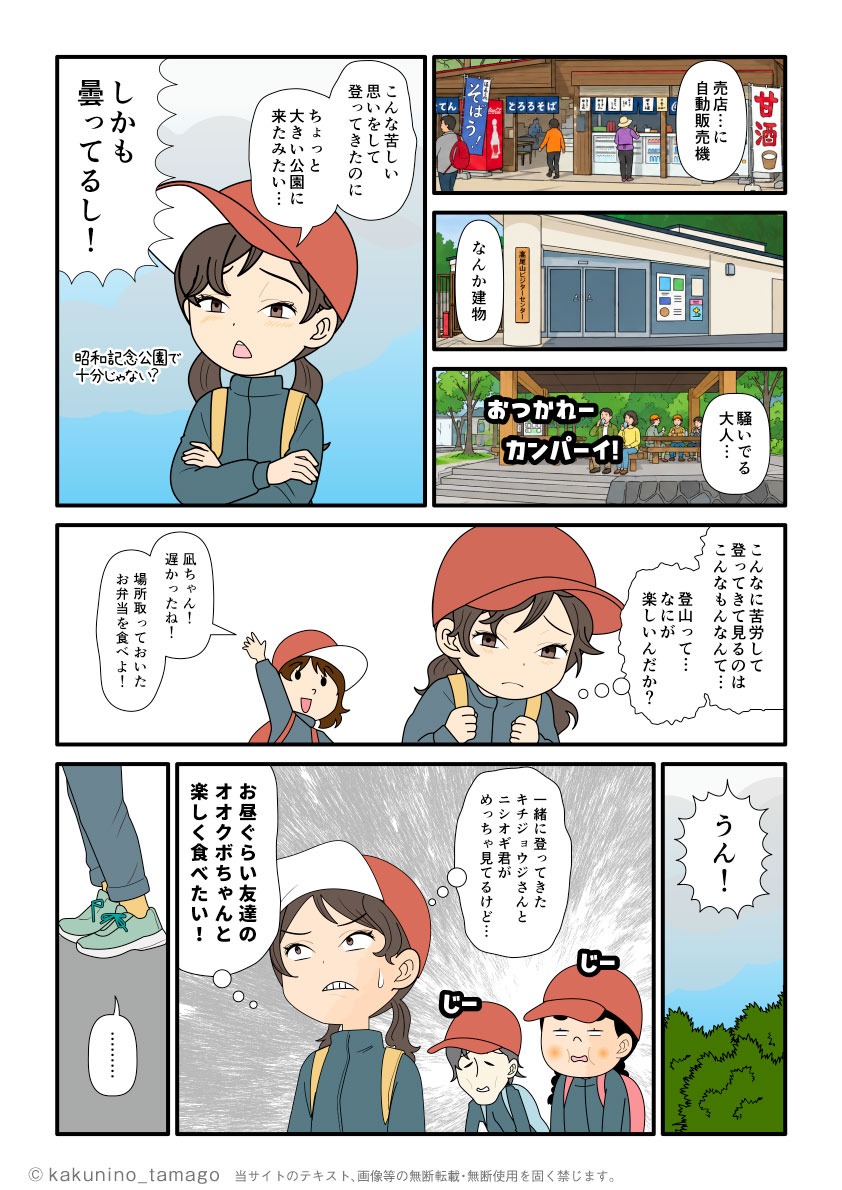 遠足登山で訪れた高尾山山頂の普通の公園的雰囲気にがっかりする小学生登山者の漫画とイラスト